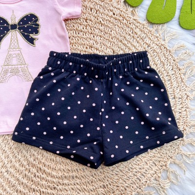 Conj. Blusa Torre Eiffel com Laço e Short Poá - Preto e Rosa